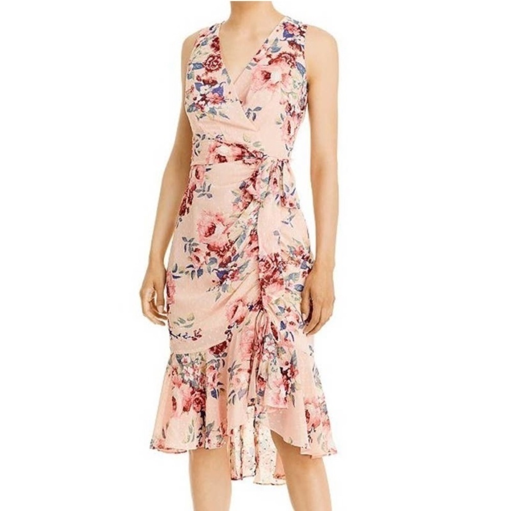 ELIZA J Surplice V-Neck Floral Print Sleeveless Faux Wrap Dress 2